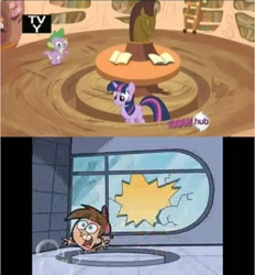 Size: 642x691 | Tagged: safe, derpibooru import, screencap, spike, twilight sparkle, unicorn twilight, dragon, pony, unicorn, it's about time, comparison, disney channel, female, hub logo, mare, meme, needs more jpeg, nickelodeon, pacing a trench, tara strong, the fairly oddparents, timmy turner, tv rating, tv y, voice actor joke