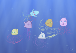 Size: 2414x1685 | Tagged: safe, artist:liracrown, derpibooru import, applejack, fluttershy, pinkie pie, rainbow dash, rarity, twilight sparkle, twilight sparkle (alicorn), alicorn, jellyfish, pegasus, bubble, female, mane six, mare, ocean, species swap, underwater, water