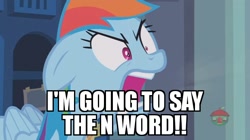 Size: 618x346 | Tagged: safe, derpibooru import, edit, edited screencap, screencap, rainbow dash, pegasus, pony, caption, image macro, meme, text, vulgar