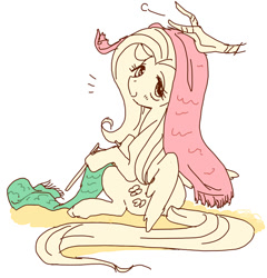 Size: 634x661 | Tagged: safe, artist:pasikon, discord, fluttershy, pegasus, pony, clothes, discoshy, female, knitting, male, offscreen character, scarf, shipping, solo, straight