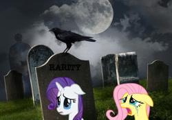 Size: 711x498 | Tagged: safe, fluttershy, rarity, pegasus, pony, unicorn, 1000 hours in gimp, 2spooky, crying, gravestone, graveyard, implied death