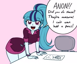 Size: 1600x1344 | Tagged: safe, artist:rileyav, sonata dusk, equestria girls, rainbow rocks, blushing, cute, implied anon, looking at you, ponytail, solo, sonatabetes, spiked wristband, talking to viewer, wholesome, wide hips, wristband