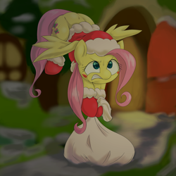 Size: 2000x2000 | Tagged: safe, artist:ushiro no kukan, fluttershy, pegasus, pony, angry, clothes, pixiv, santa costume, solo