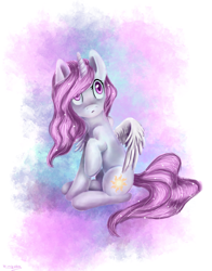 Size: 2200x2800 | Tagged: safe, artist:wingsterwin, princess celestia, alicorn, pony, cewestia, filly, pink-mane celestia, raised hoof, sitting, solo, younger