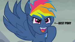 Size: 1280x720 | Tagged: safe, derpibooru import, edit, edited screencap, screencap, evil pie hater dash, rainbow dash, pegasus, pony, secrets and pies, adorabolical, arrow, best pony, caption, cute, cute little fangs, evil grin, fangs, flying, grin, image macro, impact font, smiling, text