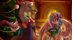 Size: 1024x576 | Tagged: safe, artist:ginjallegra, discord, princess celestia, alicorn, pony, :o, christmas tree, clothes, dislestia, female, fireplace, hair bow, hat, male, present, santa hat, scarf, shipping, sitting, spread wings, straight, tree, wide eyes