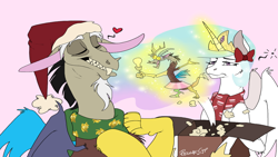 Size: 1024x576 | Tagged: safe, artist:reggaecyp, discord, princess celestia, alicorn, pony, clothes, discord being discord, discord lamp, dislestia, female, grin, hair bow, hat, male, present, santa hat, scarf, shipping, straight