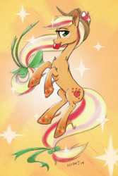 Size: 600x900 | Tagged: safe, artist:redfoxjake, applejack, earth pony, pony, apple, food, mouth hold, rainbow power, solo, unshorn fetlocks