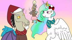 Size: 1280x720 | Tagged: safe, artist:hirundoarvensis, discord, princess celestia, alicorn, pony, clothes, dislestia, female, hair bow, hat, lamp, male, santa hat, scarf, shipping, straight