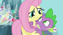 Size: 1280x720 | Tagged: safe, artist:dtkraus, edit, screencap, fluttershy, spike, breezie, dragon, pegasus, pony, all new, hickey, hub logo, sucking, wat