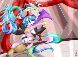 Size: 1200x875 | Tagged: safe, artist:siranarchy95, discord, princess celestia, alicorn, pony, clothes, dancing, dislestia, female, hair bow, male, shipping, shirt, socks, straight, tail bow