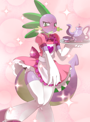 Size: 1724x2346 | Tagged: safe, artist:ss2sonic, spike, anthro, dragon, blushing, clothes, crossdressing, dress, evening gloves, gloves, long gloves, looking at you, lusty baby dragon maid, maid, maid spike, male, solo, sweat, wide hips