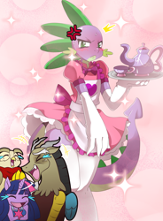 Size: 1724x2346 | Tagged: safe, artist:ss2sonic, discord, owlowiscious, spike, twilight sparkle, anthro, dragon, blushing, clothes, crossdressing, dress, evening gloves, female, gloves, laughing, long gloves, looking at you, lusty baby dragon maid, maid, maid spike, male, sweat, wide hips