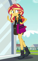 Size: 569x917 | Tagged: safe, screencap, sunset shimmer, better together, equestria girls, forgotten friendship, bag, boots, clothes, concerned, cropped, female, geode of empathy, jacket, magical geodes, shoes, skirt, solo