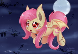 Size: 2800x1950 | Tagged: safe, artist:mrsremi, fluttershy, bat pony, pony, crying, cute, fangs, female, flutterbat, moon, race swap, sad, sadorable, shyabetes, solo, wingding eyes