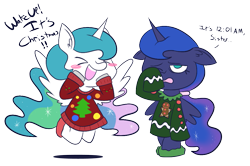 Size: 887x590 | Tagged: safe, artist:typhwosion, princess celestia, princess luna, alicorn, pony, christmas sweater, clothes, simple background, sweater, transparent background