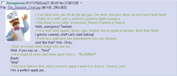 Size: 710x307 | Tagged: dead source, safe, screencap, pinkie pie, earth pony, pony, /mlp/, 4chan, greentext, gun, swedish chef, text, the muppets