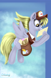 Size: 3360x5120 | Tagged: safe, artist:darksly, derpy hooves, pegasus, pony, clothes, female, flying, mail, mailbag, mailmare, smiling, solo