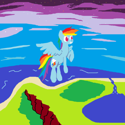 Size: 780x780 | Tagged: safe, artist:gallifreyanequine, derpibooru import, rainbow dash, pegasus, pony, flying, ms paint, water