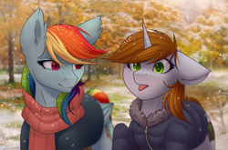 Size: 2150x1422 | Tagged: safe, artist:wingell, derpibooru import, rainbow dash, oc, oc:littlepip, pegasus, pony, unicorn, fallout equestria, :p, canon x oc, catching snowflakes, clothes, cutie mark, dashite, ear fluff, fanfic, fanfic art, female, horn, lesbian, mare, pipdash, scarf, shipping, silly, snow, snowfall, time travel, tongue out, tree, wings