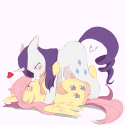 Size: 3000x3000 | Tagged: safe, artist:alina1222, fluttershy, rarity, pegasus, pony, unicorn, blushing, eye contact, female, flarity, floppy ears, heart, lesbian, on back, pinned, shipping, simple background, yukadon