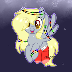 Size: 1200x1200 | Tagged: safe, artist:lazuli, derpy hooves, pegasus, pony, :d, alternate hairstyle, christmas, christmas lights, christmas stocking, clothes, eye clipping through hair, eyelashes, flying, hair over one eye, holiday, looking at you, smiling, socks, solo, tangled up
