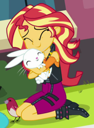 Size: 470x634 | Tagged: safe, screencap, angel bunny, fluttershy, sunset shimmer, bird, equestria girls, equestria girls series, forgotten friendship, angelbetes, cropped, cute, eyes closed, hug, shimmerbetes, solo focus