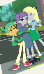 Size: 204x337 | Tagged: safe, screencap, derpy hooves, maud pie, snails, better together, equestria girls, forgotten friendship, boots, clothes, cropped, dress, female, male, pants, photo, sandals, shoes, skirt, smiling, socks, socks with sandals