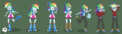 Size: 6391x1800 | Tagged: safe, artist:magerblutooth, derpibooru import, rainbow dash, equestria girls, acne, braces, chips, clothes, clothing transformation, commission, eyes closed, fanny pack, food, football, game boy, glasses, grades, high res, mental shift, messy hair, mirror, nerd, nerdification, open mouth, pants, pencil, personality change, plaid shirt, pointing, rainbow dork, sandals, show accurate, simple background, sports, sweatpants, tongue out, transformation, transformation sequence, tripping, vector, zit