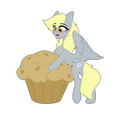 Size: 1280x1225 | Tagged: safe, artist:sukiskuki, derpy hooves, pegasus, pony, blushing, female, food, giant muffin, mare, muffin, open mouth, simple background, solo, tongue out, transparent background