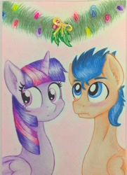 Size: 1385x1912 | Tagged: safe, artist:nicolethebluepony, derpibooru import, flash sentry, twilight sparkle, alicorn, pegasus, pony, blushing, female, flashlight, holly, holly mistaken for mistletoe, male, shipping, straight, traditional art