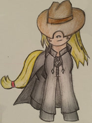 Size: 674x900 | Tagged: safe, artist:rayodragon, applejack, earth pony, pony, black coat, colored pencil drawing, hat, kingdom hearts, nobody, solo, traditional art