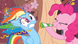 Size: 480x270 | Tagged: safe, derpibooru import, screencap, pinkie pie, rainbow dash, earth pony, pegasus, pony, daring don't, animated, bedroom eyes, gif, golden oaks library, party
