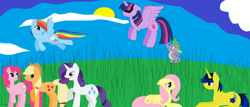 Size: 1024x437 | Tagged: safe, artist:sabrina-tellijohn, derpibooru import, applejack, comet tail, fluttershy, pinkie pie, rainbow dash, rarity, spike, twilight sparkle, twilight sparkle (alicorn), alicorn, dragon, earth pony, pegasus, pony, unicorn, cometshy, female, male, mane seven, mane six, mare, shipping, straight, twispike