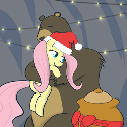 Size: 1000x1000 | Tagged: safe, artist:empyu, fluttershy, harry, bear, pegasus, pony, 45 minute art challenge, hat, honey, hug, legitimate bear hugs, santa hat