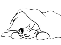 Size: 600x450 | Tagged: safe, artist:golden-redhead, applejack, earth pony, pony, blanket, cute, freckles, hiding, jackabetes, monochrome, one eye closed, prone, solo