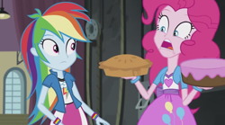 Size: 1276x708 | Tagged: safe, derpibooru import, screencap, pinkie pie, rainbow dash, equestria girls, friendship games, cake, duo, pie, pinkie being pinkie