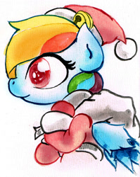 Size: 1714x2150 | Tagged: safe, artist:mashiromiku, derpibooru import, rainbow dash, pegasus, pony, bell, christmas, hat, hearth's warming, holiday, santa hat, solo, traditional art, watercolor painting