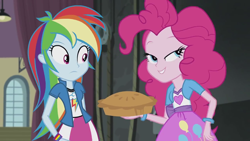 Size: 1280x720 | Tagged: safe, derpibooru import, screencap, pinkie pie, rainbow dash, equestria girls, friendship games, hilarious in hindsight, lidded eyes, out of context, pie, that pony sure does love pies