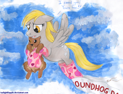 Size: 1180x900 | Tagged: safe, artist:foxxy-arts, derpy hooves, pegasus, pony, banner, carrying, clothes, dialogue, flying, groundhog, groundhog day, heart print, rescue, sky, socks, speech bubble, traditional art