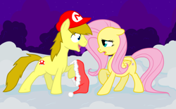 Size: 952x592 | Tagged: safe, artist:nukeleer, fluttershy, oc, pegasus, pony, female, mare, pink mane, yellow coat