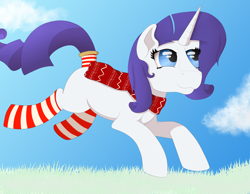 Size: 4500x3500 | Tagged: safe, artist:fia94, rarity, pony, unicorn, absurd resolution, advent calendar, christmas, clothes, scarf, socks, solo, striped socks, tail wrap