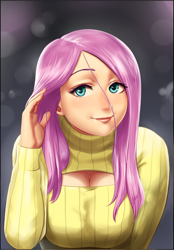 Size: 1000x1436 | Tagged: safe, artist:lvl, derpibooru import, fluttershy, human, 2014, boob window, breasts, cleavage, clothes, female, hootershy, humanized, keyhole turtleneck, looking at you, open-chest sweater, smiling, smiling at you, solo, sweater, sweatershy, turtleneck