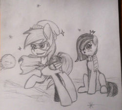 Size: 640x576 | Tagged: safe, artist:taika403, derpy hooves, marble pie, pony, blushing, cloak, clothes, crown, hat, jewelry, mask, monochrome, pencil drawing, regalia, scarf, sitting, snow, snowball, snowflake, superhero, traditional art, winter