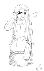 Size: 857x1381 | Tagged: safe, artist:lvl, fluttershy, human, clothes, humanized, lineart, monochrome, solo, sweatershy