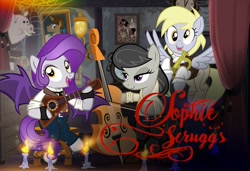 Size: 1100x753 | Tagged: safe, artist:pixelkitties, derpy hooves, king sombra, octavia melody, oc, bat pony, earth pony, pony, unicorn, bugle, cello, musical instrument, pixelkitties' brilliant autograph media artwork, show accurate