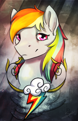 Size: 971x1500 | Tagged: safe, artist:blindcoyote, derpibooru import, rainbow dash, pegasus, pony, bust, cutie mark, portrait, solo