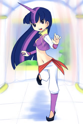 Size: 720x1080 | Tagged: safe, artist:drantyno, derpibooru import, twilight sparkle, human, belly button, belly dancer, horned humanization, humanized, light skin, midriff, solo