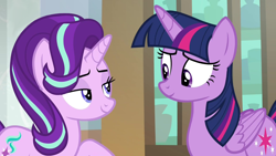 Size: 1920x1080 | Tagged: safe, edit, edited screencap, editor:mycarhasamoustache, screencap, starlight glimmer, twilight sparkle, twilight sparkle (alicorn), alicorn, pony, duo, duo female, female, folded wings, lidded eyes, looking at each other, mare, wings