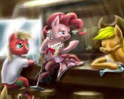 Size: 1280x1024 | Tagged: safe, artist:88shyguy, applejack, big macintosh, pinkie pie, earth pony, pony, bar, bipedal, clothes, cocktail, corset, martini, microphone, shoes, stockings